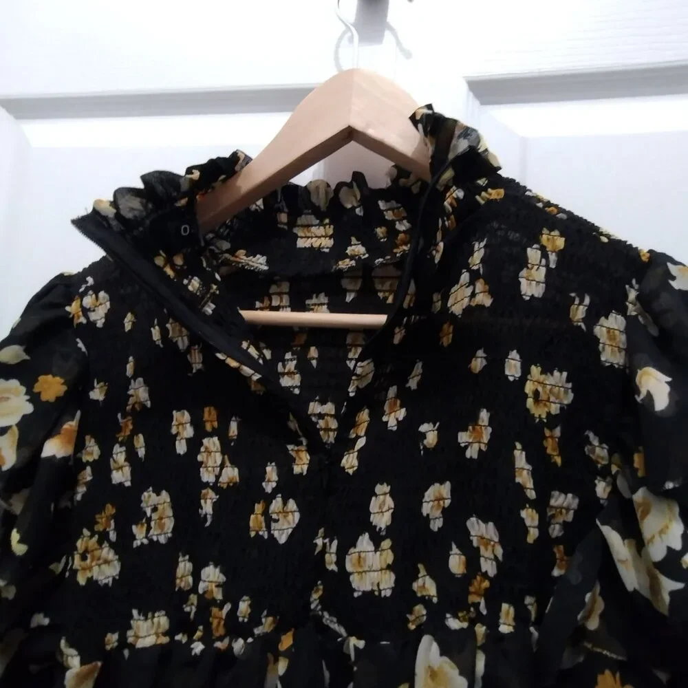 O.P.T. Floral Ruffle Neck Blouse Large Black Sheer Long Sleeve Romantic Top - Picture 10 of 15